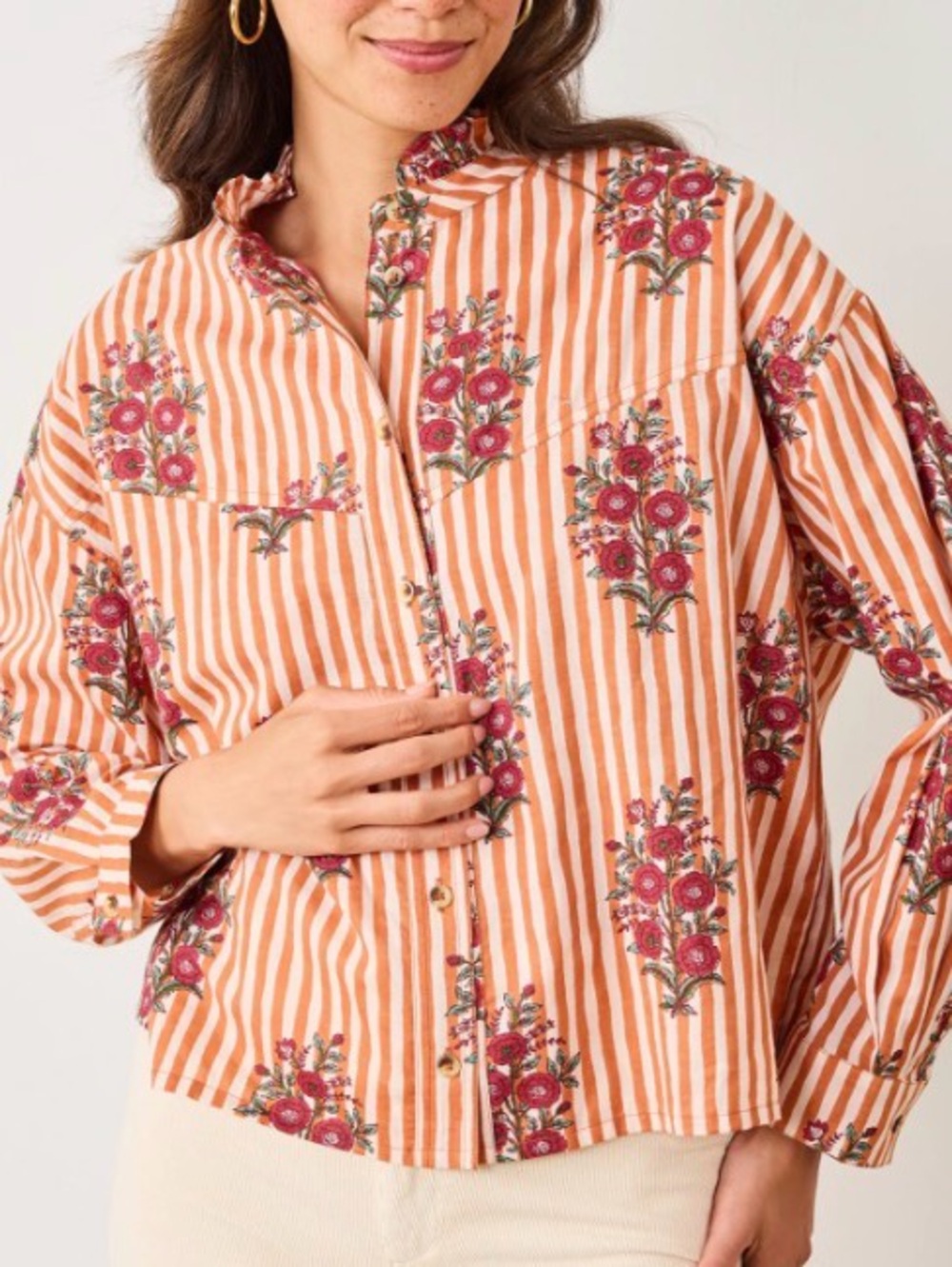 T122 Print Fresh 2X Mabel Button Down Top - Wildflower Stripes